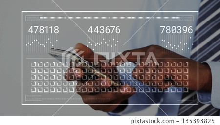 Scrolling businessman's hands wearing tie navigating phone screen in office with numeric overlay Scrolling businessman's hands wearing tie navigating phone screen in office with numeric overlay 135393825