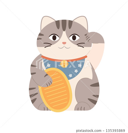 Lucky grey cat beckoning fortune with coin and bell accessories illustration. 135393869