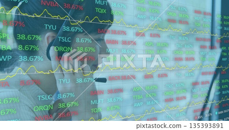 Monitoring woman wearing headset analyzing stock ticker on screen at office desk, with line charts Monitoring woman wearing headset analyzing stock ticker on screen at office desk, with line charts 135393891