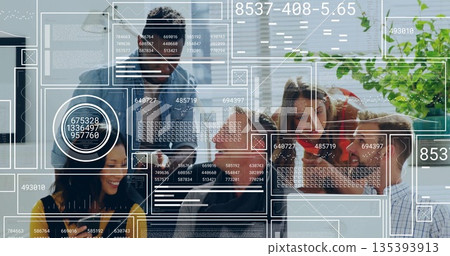 Collaborating five professionals discussing AR panels in conference room, with laptops and tablets 135393913