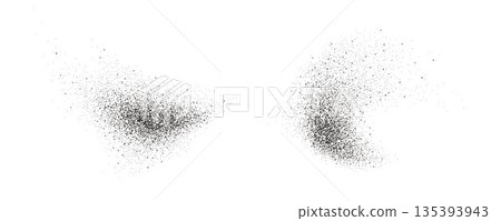 Black pepper powder splashes. Flying seasoning particles burst. Grey dust sand and dirt textured piles. Salt and pepper flakes scattered on surface. Dried spicy explosion. Vector illustration 135393943