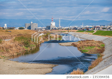 Winter scenery of the Kamo River, upstream from the confluence with the Katsura River, Kyoto City Winter scenery of the Kamo River, upstream from the confluence with the Katsura River, Kyoto City 135394456
