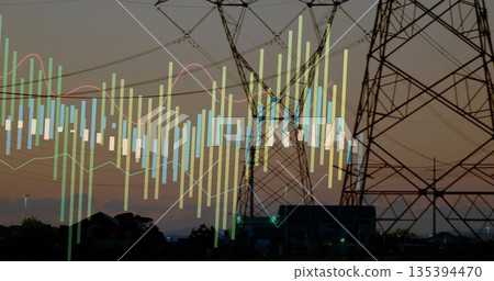 Stretching steel pylons and power cables across rural field at dusk, with chart bars overlaying Stretching steel pylons and power cables across rural field at dusk, with chart bars overlaying 135394470