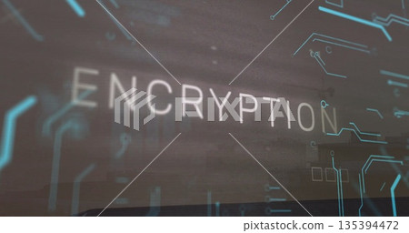 Displaying white ENCRYPTION text over blurred urban skyline interface, with blue circuit nodes Displaying white ENCRYPTION text over blurred urban skyline interface, with blue circuit nodes 135394472