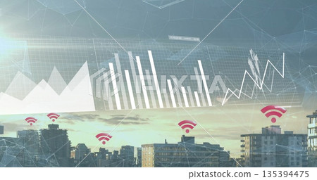 Smart city skyline showing network data at dusk, with chart overlays and red Wi-Fi icons Smart city skyline showing network data at dusk, with chart overlays and red Wi-Fi icons 135394475