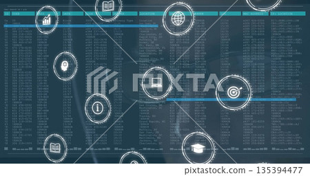 Displaying dashboard screen presenting tabular data grid and overlay white circular icons 135394477