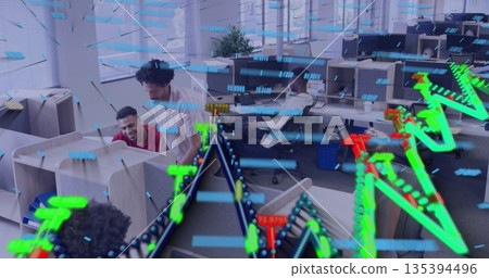 Collaborating analyst and supervisor reviewing monitors in office area, with holographic graphs Collaborating analyst and supervisor reviewing monitors in office area, with holographic graphs 135394496