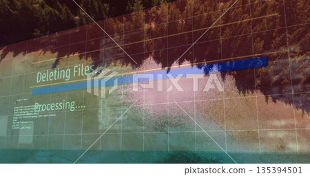 Grid overlay showing mirrored forest in control room, with deleting files progress bar Grid overlay showing mirrored forest in control room, with deleting files progress bar 135394501
