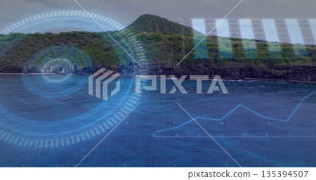 Forested volcanic island ridge rising in deep ocean, with radar, bar chart and line graph overlays 135394507