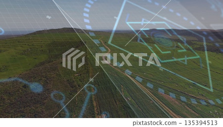 Displaying aerial view showing grassland hills over countryside, with HUD overlay and winding track Displaying aerial view showing grassland hills over countryside, with HUD overlay and winding track 135394513