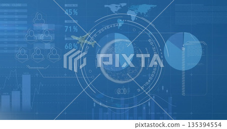 Circular HUD 3D globe visualization rotating in dashboard, with airplane icon and bar charts 135394554