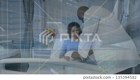 Examining doctor checking Asian patient's vitals in hospital, with stethoscope and monitor graphics Examining doctor checking Asian patient's vitals in hospital, with stethoscope and monitor graphics 135394582