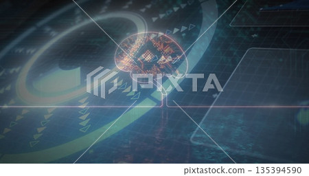 Stylized brain graphic projecting circuitry patterns on stem in hologram, with grid plane and arcs Stylized brain graphic projecting circuitry patterns on stem in hologram, with grid plane and arcs 135394590