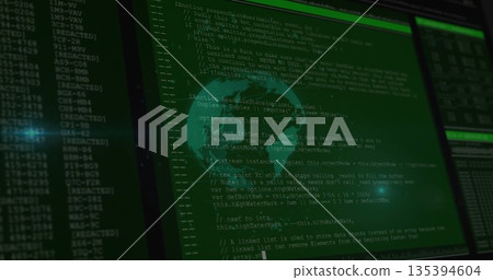 Displaying code window in code editor interface, with green code, globe overlay and redacted tags 135394604