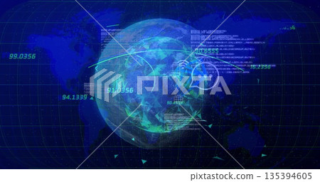 Displaying holographic digital Earth rotating in virtual data interface, with grid and Wi-Fi icons 135394605