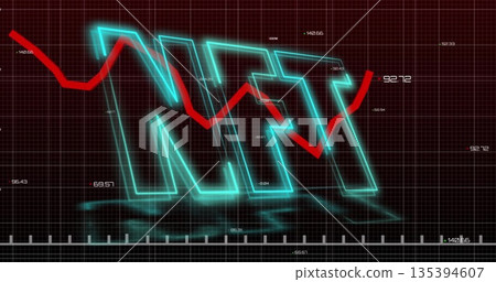 Displaying glowing NFT letters on dashboard grid, with red trend line graph and numeric labels 135394607