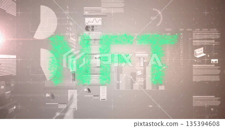 Displaying pixelated green NFT acronym floating over dashboard with chart elements and data tables 135394608