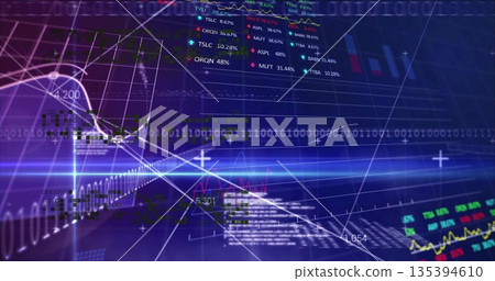 Streaming digital visualization shifting across screen with binary streams, line charts and tickers 135394610