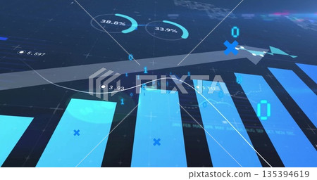 Displaying blue bar chart and line graph at dark grid plane, with binary and percent overlays Displaying blue bar chart and line graph at dark grid plane, with binary and percent overlays 135394619
