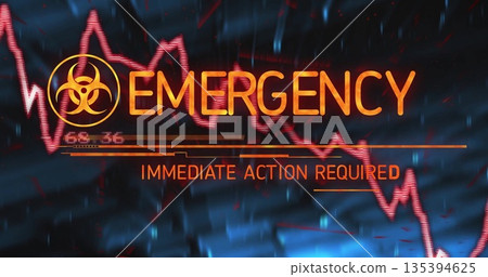 Displaying alert showing biohazard symbol and red EKG waveform on PC display with EMERGENCY warning Displaying alert showing biohazard symbol and red EKG waveform on PC display with EMERGENCY warning 135394625