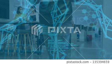 Standing two women holding coffee cups chatting at collaboration table, digital overlay, copy space Standing two women holding coffee cups chatting at collaboration table, digital overlay, copy space 135394659