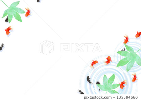 A minimalist Japanese-style illustration of goldfish, leaves, and ripples on the water surface seen from above A minimalist Japanese-style illustration of goldfish, leaves, and ripples on the water surface seen from above 135394660