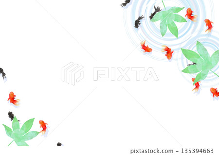 A minimalist Japanese-style illustration of goldfish, leaves, and ripples on the water surface seen from above A minimalist Japanese-style illustration of goldfish, leaves, and ripples on the water surface seen from above 135394663