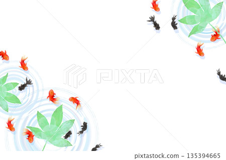 A minimalist Japanese-style illustration of goldfish, leaves, and ripples on the water surface seen from above A minimalist Japanese-style illustration of goldfish, leaves, and ripples on the water surface seen from above 135394665
