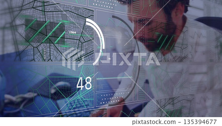 Bearded analyst analyzing hologram maps and diagrams on glass panels in control room, copy space 135394677