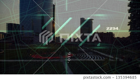 Towering cluster of skyscrapers rising above round plaza at dusk, with grid and numeric labels 135394685