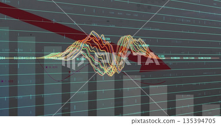 Displaying dashboard on screen showing red arrow trending down over bar chart and colorful lines 135394705
