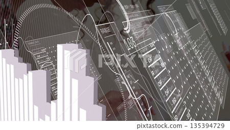 Holding stylus pen, female hand tapping touchscreen at office, with 3D bar graphs, currency tables Holding stylus pen, female hand tapping touchscreen at office, with 3D bar graphs, currency tables 135394729