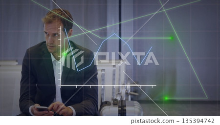 Business exec checking smartphone in airport terminal, with suitcase and line graphs, copy space Business exec checking smartphone in airport terminal, with suitcase and line graphs, copy space 135394742