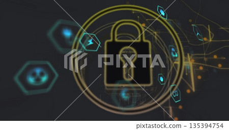 Animating golden padlock within glowing rings on digital network lines, with teal hexagon icons Animating golden padlock within glowing rings on digital network lines, with teal hexagon icons 135394754