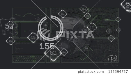 Displaying circular gauge reading 155 on network operations dashboard, with floating 5G icons Displaying circular gauge reading 155 on network operations dashboard, with floating 5G icons 135394757