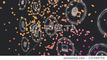 Animating UI icons shifting diagonally on dark interface, with globe icon and orange-pink particles Animating UI icons shifting diagonally on dark interface, with globe icon and orange-pink particles 135394759