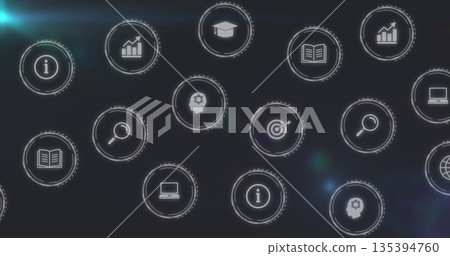 Displaying target icon hitting bullseye on dark dashboard, with data, education and tech icons 135394760