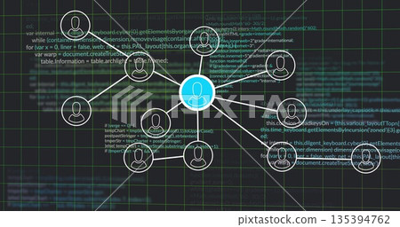 Radiating blue user icon connecting icons on data interface, with green grid overlay and code text 135394762