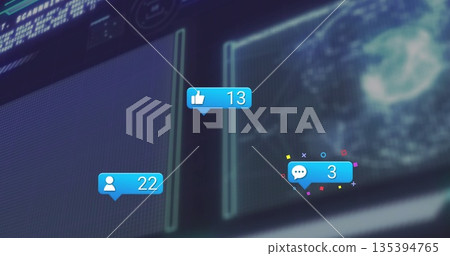 Floating notifications glowing on dark dashboard interface, with thumbs-up, user and comment icons Floating notifications glowing on dark dashboard interface, with thumbs-up, user and comment icons 135394765
