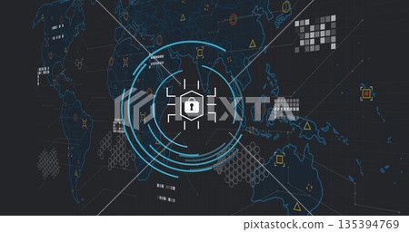 Displaying central security lock symbol over virtual world map, with hex grid and data markers Displaying central security lock symbol over virtual world map, with hex grid and data markers 135394769