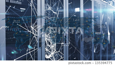 Projecting digital network overlay on server cabinets in data center aisle, with blue lighting glow 135394775