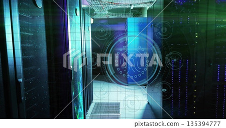 Displaying holographic fingerprint interface securing data corridor with server racks, cable trays Displaying holographic fingerprint interface securing data corridor with server racks, cable trays 135394777