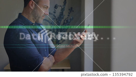 Reviewing smartphone Data Recovery overlay in office by wooden table, copy space 135394792