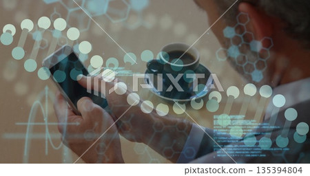 Holding smartphone suited man sitting at wood table in cafe, cup, DNA helix overlays, copy space Holding smartphone suited man sitting at wood table in cafe, cup, DNA helix overlays, copy space 135394804