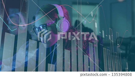 Analyzing floating charts analyst wearing purple headphones and glasses in open office, copy space Analyzing floating charts analyst wearing purple headphones and glasses in open office, copy space 135394808