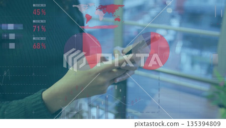 Scrolling woman wearing dark ribbed top and swiping smartphone in office corridor, data overlays Scrolling woman wearing dark ribbed top and swiping smartphone in office corridor, data overlays 135394809