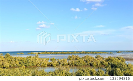 Expansive Wetlands And Calm Waters Beneath Vast Sky, Vast Marshlands Stretch Beneath Peaceful Sea And Expansive Blue Sky, Wide View Of Tranquil Marshes And Gentle Sea Under Broad Blue Sky With Clouds Expansive Wetlands And Calm Waters Beneath Vast Sky, Vast Marshlands Stretch Beneath Peaceful Sea And Expansive Blue Sky, Wide View Of Tranquil Marshes And Gentle Sea Under Broad Blue Sky With Clouds 135394816