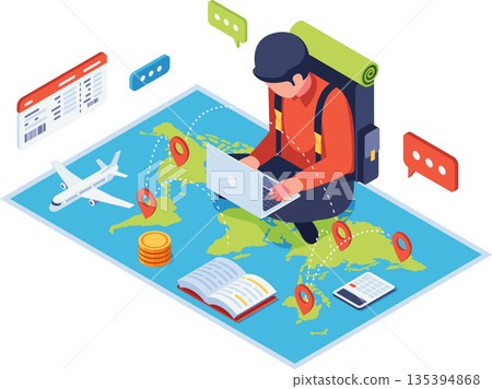 Isometric Traveler Planning Trip with Laptop on World Map 135394868
