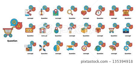 set of illustrations depicting question marks and various objects in a line art style 135394918
