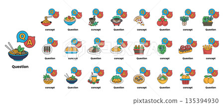 set of illustrations depicting question marks and various objects in a line art style 135394930